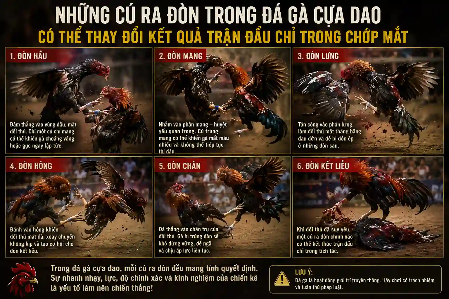 Những cú ra đòn trong đá gà cựa dao có thể thay đổi kết quả trận đấu chỉ trong vài phút Những cú ra đòn trong đá gà cựa dao có thể thay đổi kết quả trận đấu chỉ trong vài phút